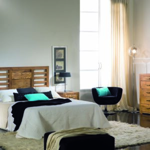 dormitorio madera, comoda, cama, cabezal, mesitas noche
