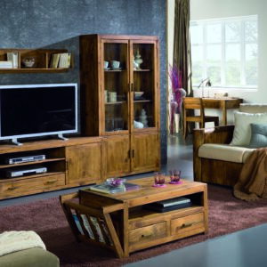 combinación muebles madera rústica para salón