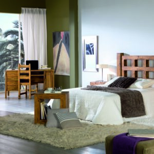 dormitorio madera rustica, cabezal, cómoda, mesitas noche
