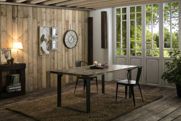 mesa y sillas de madera y hierro color café